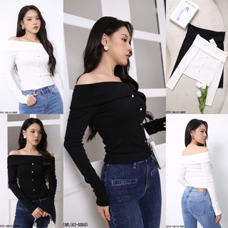 Gap0179 Áo thun len lông thỏ trễ vai đính cúc cho nữ-hàng vnxk