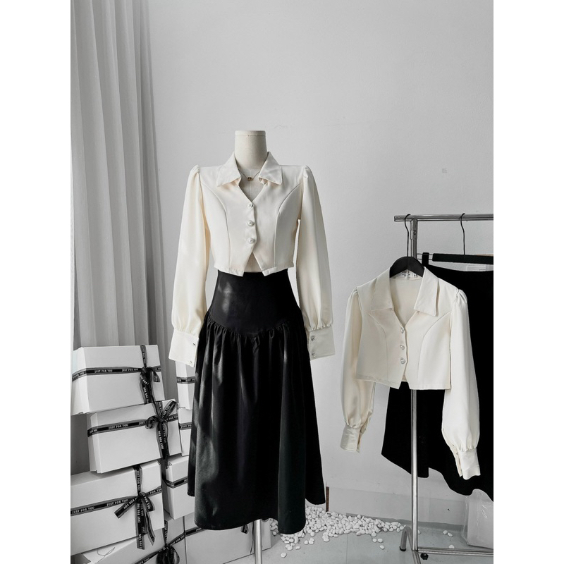 Sét Áo Sơmi Be Cúc Ngọc Kèm Chân Váy Đen Dáng Dài Có Ảnh Thật