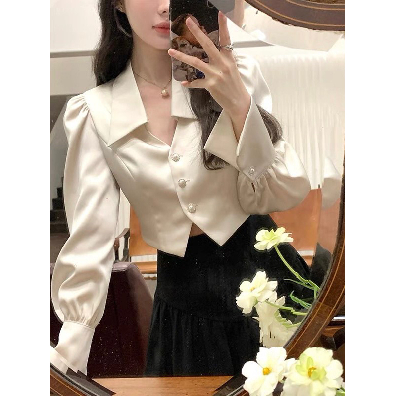 Sét Áo Sơmi Be Cúc Ngọc Kèm Chân Váy Đen Dáng Dài Có Ảnh Thật