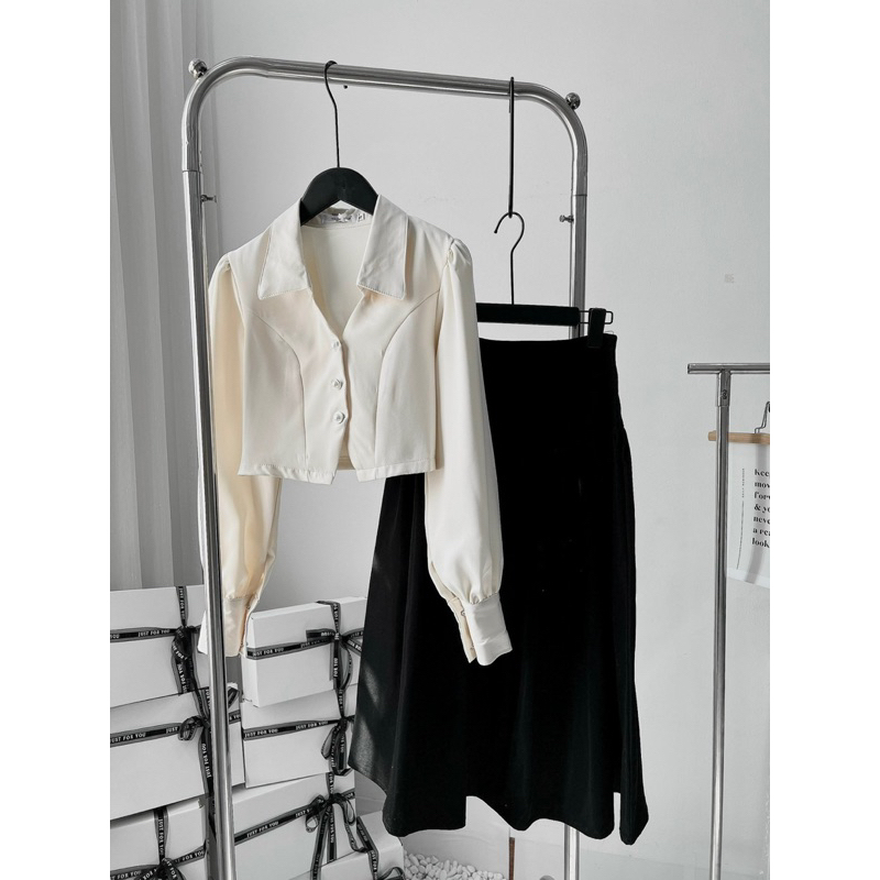 Sét Áo Sơmi Be Cúc Ngọc Kèm Chân Váy Đen Dáng Dài Có Ảnh Thật