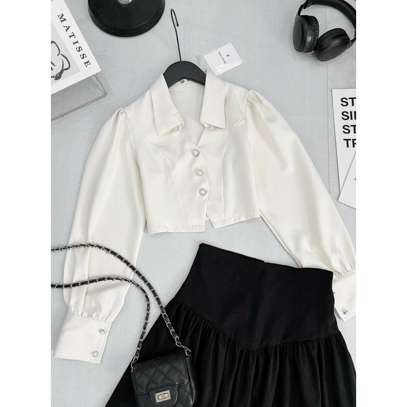 Sét Áo Sơmi Be Cúc Ngọc Kèm Chân Váy Đen Dáng Dài Có Ảnh Thật