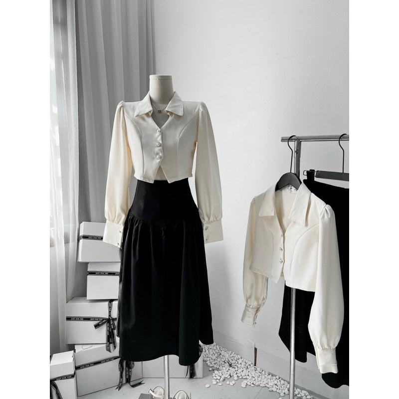 Sét Áo Sơmi Be Cúc Ngọc Kèm Chân Váy Đen Dáng Dài Có Ảnh Thật