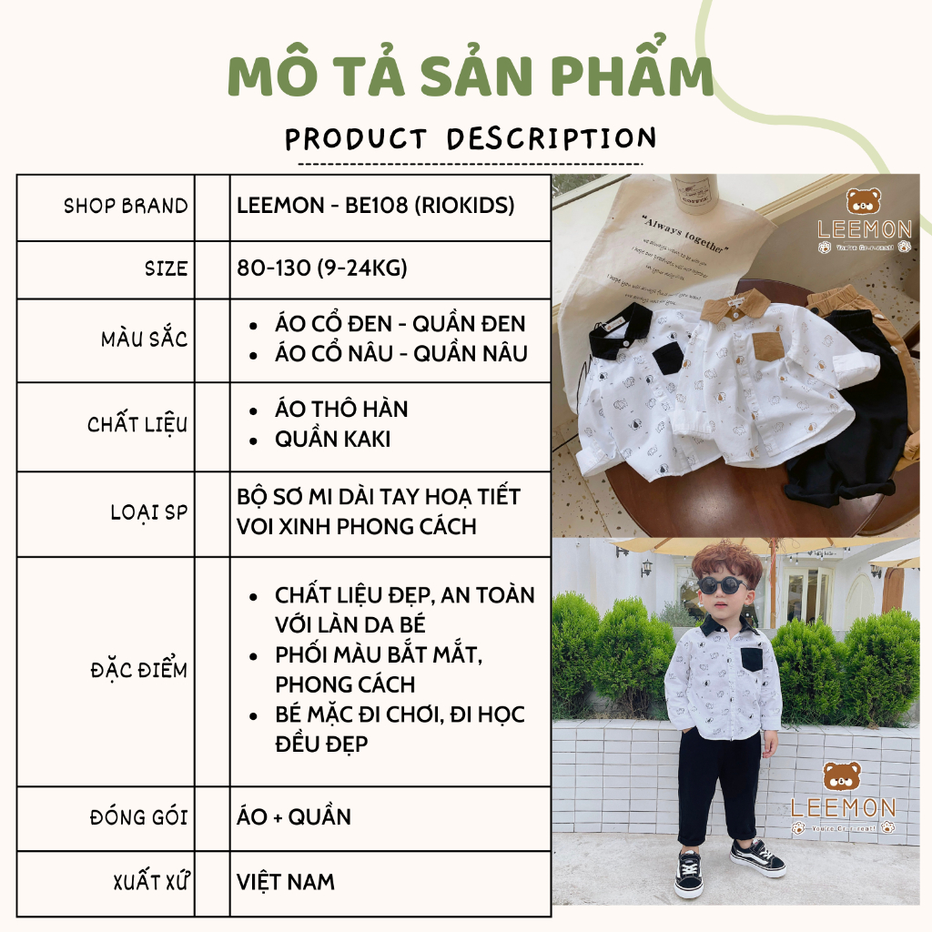 Bộ áo sơ mi dài tay quần kaki LEEMON phong cách Hàn Quốc cho bé trai đi chơi đi học BE108