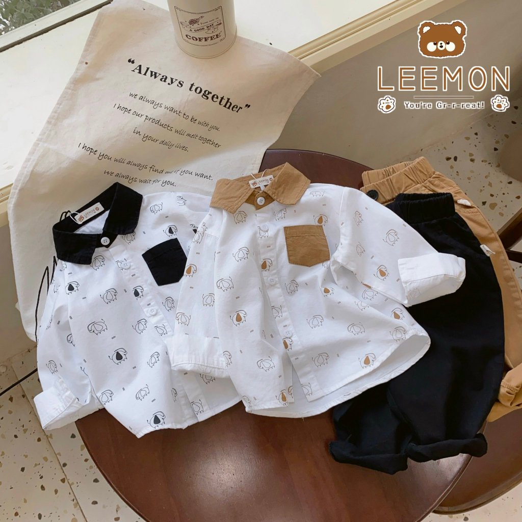 Bộ áo sơ mi dài tay quần kaki LEEMON phong cách Hàn Quốc cho bé trai đi chơi đi học BE108