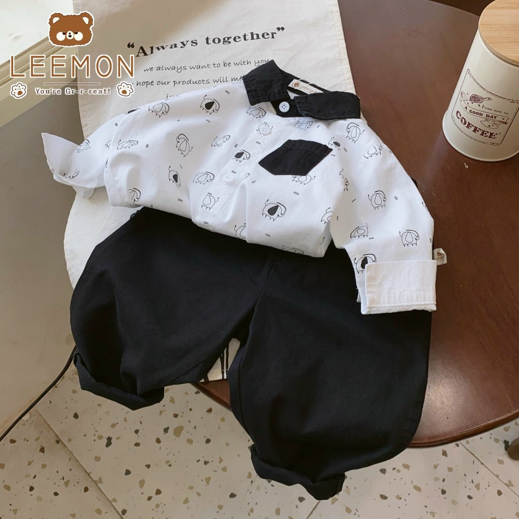 Bộ áo sơ mi dài tay quần kaki LEEMON phong cách Hàn Quốc cho bé trai đi chơi đi học BE108