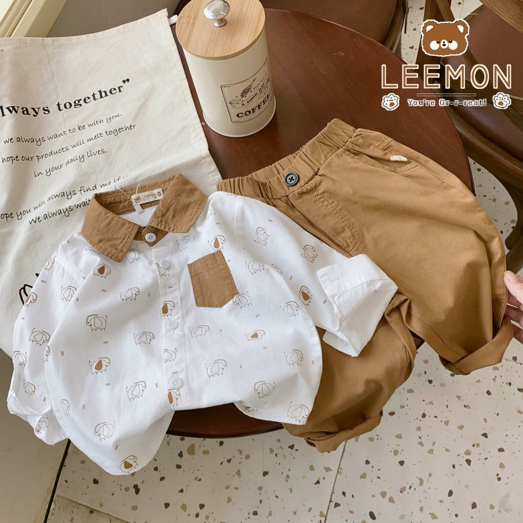 Bộ áo sơ mi dài tay quần kaki LEEMON phong cách Hàn Quốc cho bé trai đi chơi đi học BE108