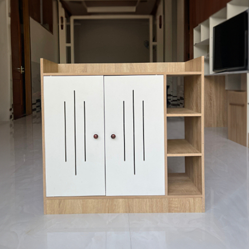 Tủ Giày Gỗ 4 Tầng Cửa Trắng Sọc Kết Hợp Kệ Để Đồ Đa Năng Thông Minh Hiện Đại, Chất Liệu Gỗ MDF Cao Cấp 80x80x30cm