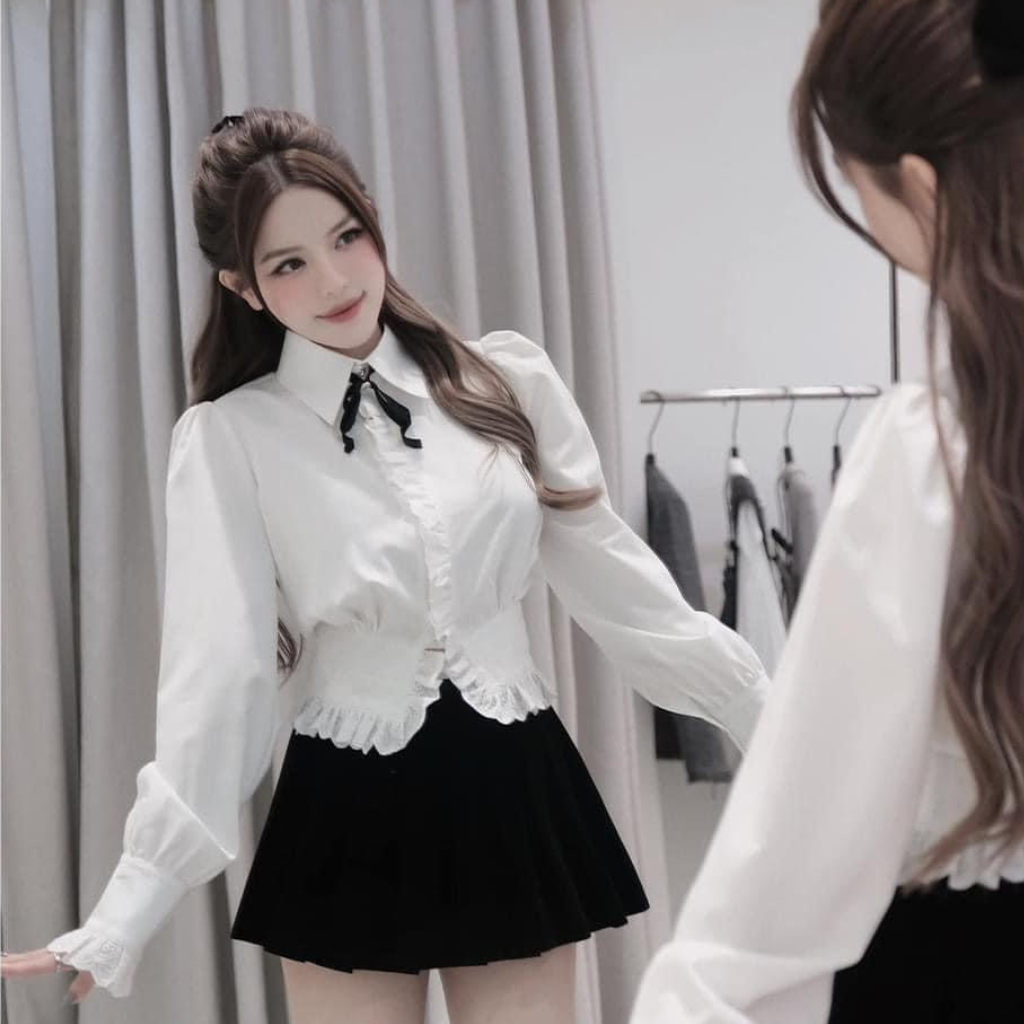 Đẹp -Set Áo Sơ Mi Phối Ren + Chân Váy Nhung❤ Bộ Áo Sơ Mi ,Chân Váy Nhung ,H4140