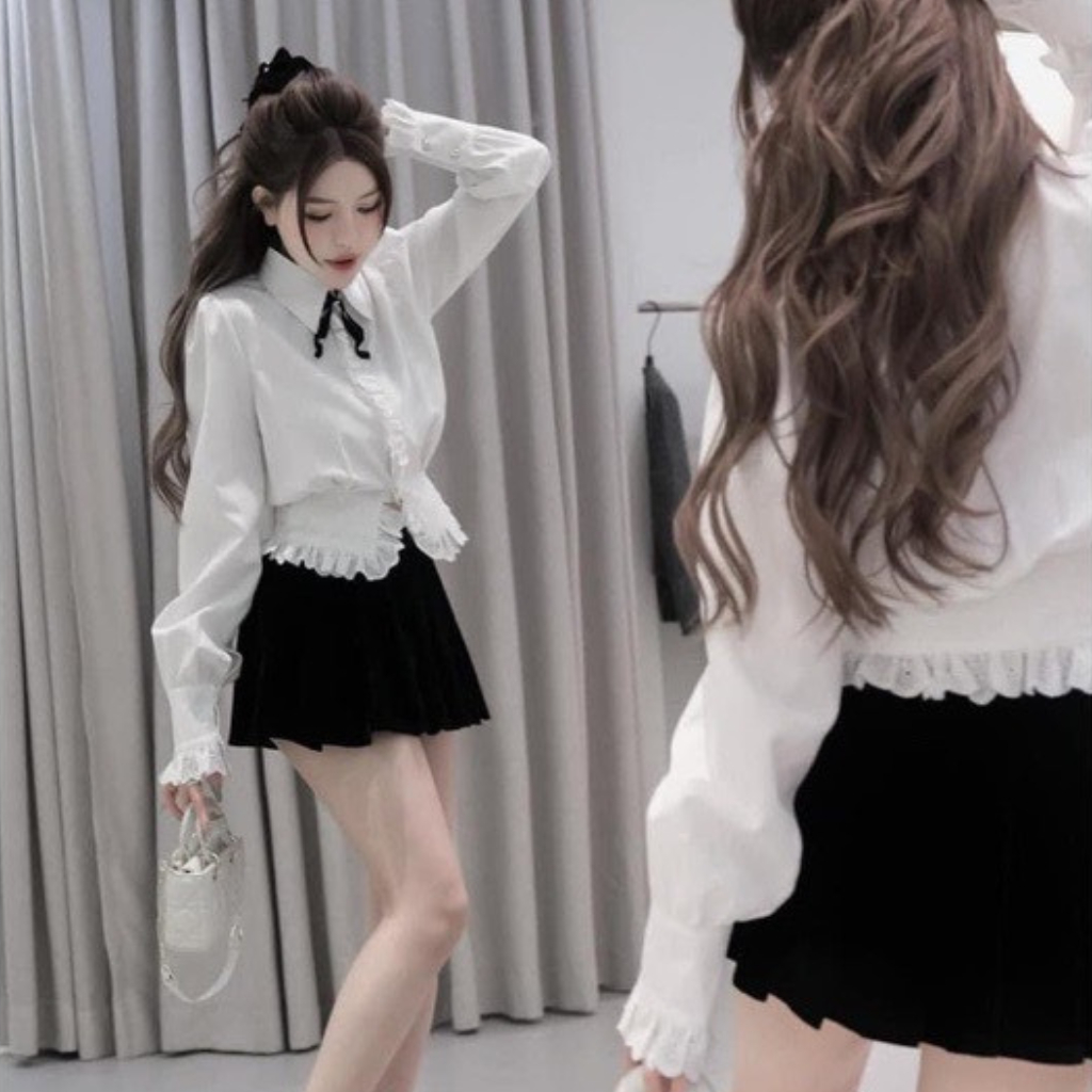 Đẹp -Set Áo Sơ Mi Phối Ren + Chân Váy Nhung❤ Bộ Áo Sơ Mi ,Chân Váy Nhung ,H4140