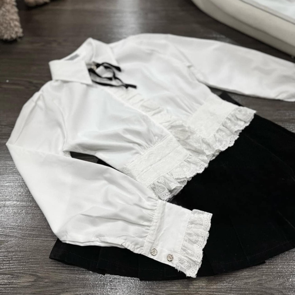 Đẹp -Set Áo Sơ Mi Phối Ren + Chân Váy Nhung❤ Bộ Áo Sơ Mi ,Chân Váy Nhung ,H4140