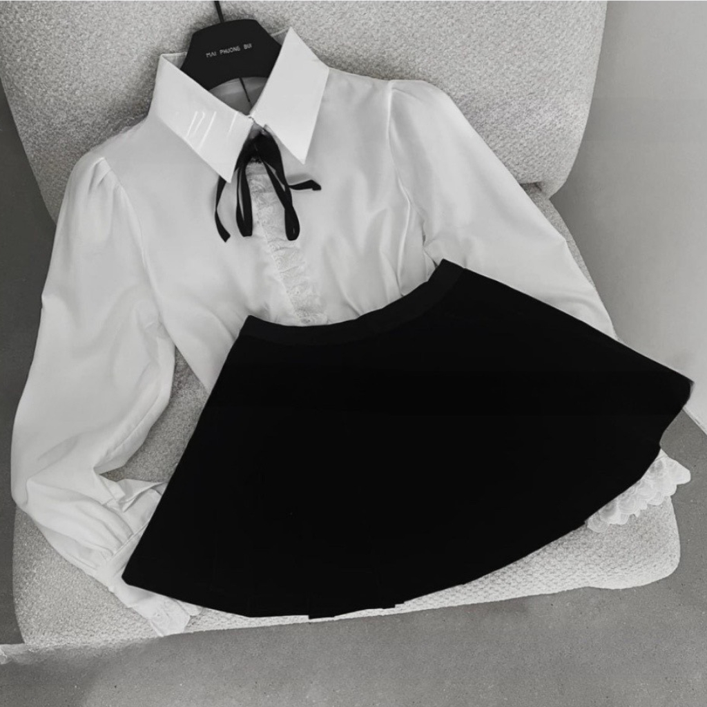 Đẹp -Set Áo Sơ Mi Phối Ren + Chân Váy Nhung❤ Bộ Áo Sơ Mi ,Chân Váy Nhung ,H4140