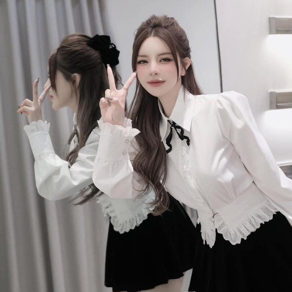Đẹp -Set Áo Sơ Mi Phối Ren + Chân Váy Nhung❤ Bộ Áo Sơ Mi ,Chân Váy Nhung ,H4140