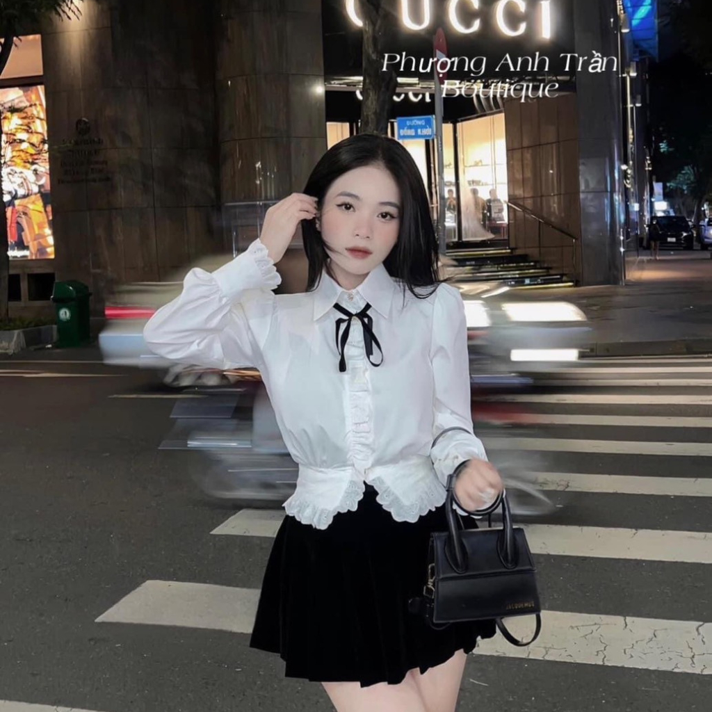 Đẹp -Set Áo Sơ Mi Phối Ren + Chân Váy Nhung❤ Bộ Áo Sơ Mi ,Chân Váy Nhung ,H4140