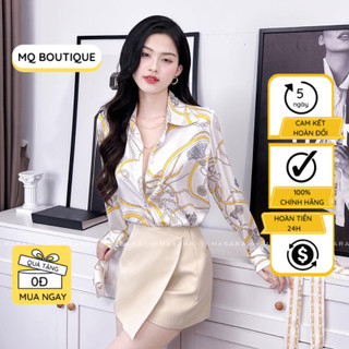 Áo sơ mi trắng lụa dài tay cao cấp công sở xích vàng nền trắng dáng cơ bản, áo sơ mi thiết kế MQ Boutique