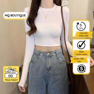 Áo croptop tay dài cổ tròn vải thun ôm body crotop nữ cotton co giãn tốt năng động