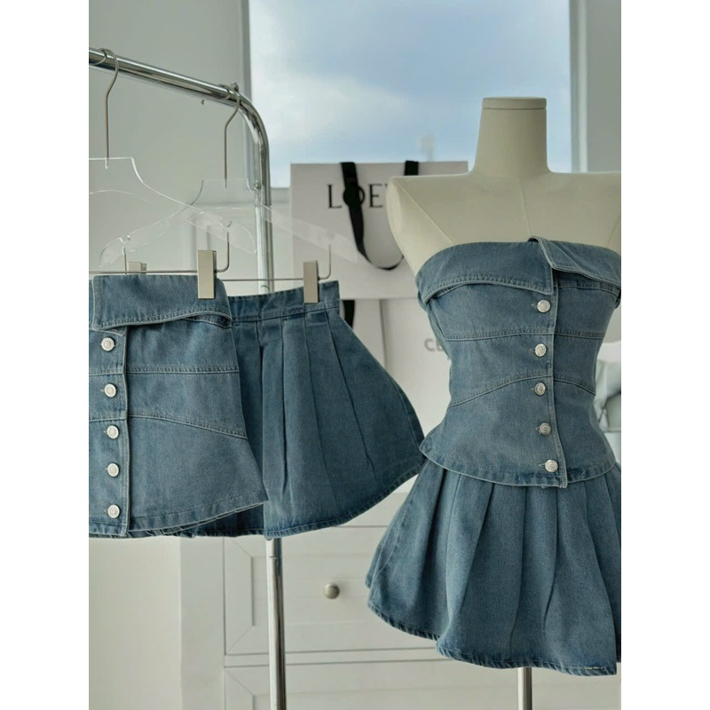 SET ÁO ỐNG JEAN PHỐI NÚT - CHÂN VÁY XẾP LY