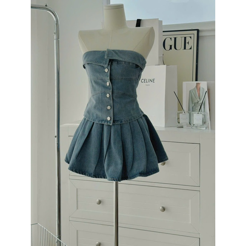 SET ÁO ỐNG JEAN PHỐI NÚT - CHÂN VÁY XẾP LY