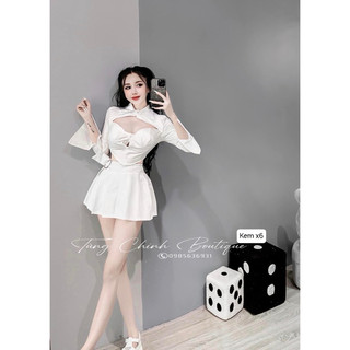 Set thiết kế khoen chân váy xếp ly cúp ngực tay loe