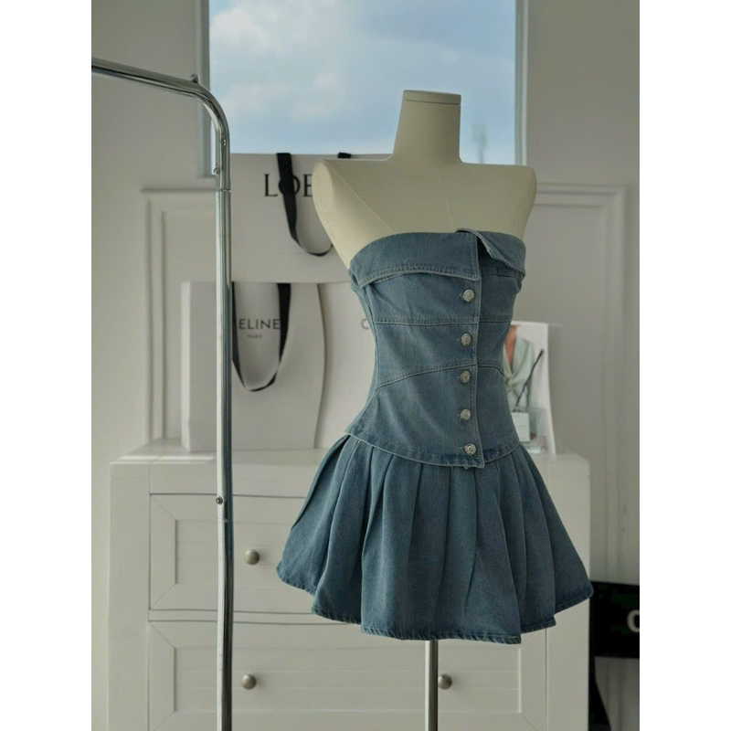 SET ÁO ỐNG JEAN PHỐI NÚT - CHÂN VÁY XẾP LY