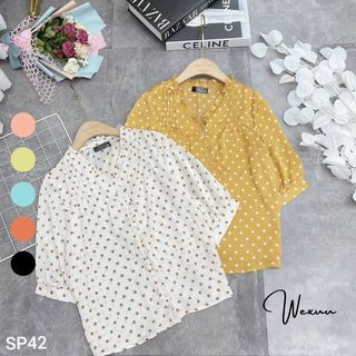 Áo sơ mi nữ chấm bi tay lỡ cổ V phối viền bèo WEXUU chất liệu tơ ý mỏng nhẹ mềm mát- SP42