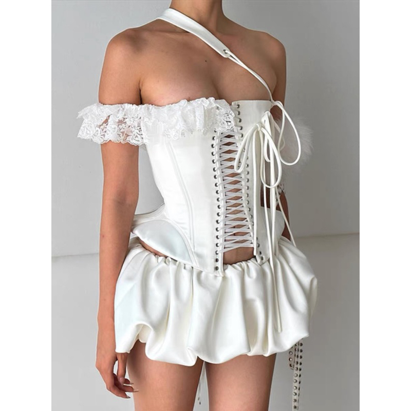 Set áo form corset đan dây ngực định hình chéo dây rớt vai ren phối chân váy ngắn dáng quả bí đơn sắc phá cách nữ tính