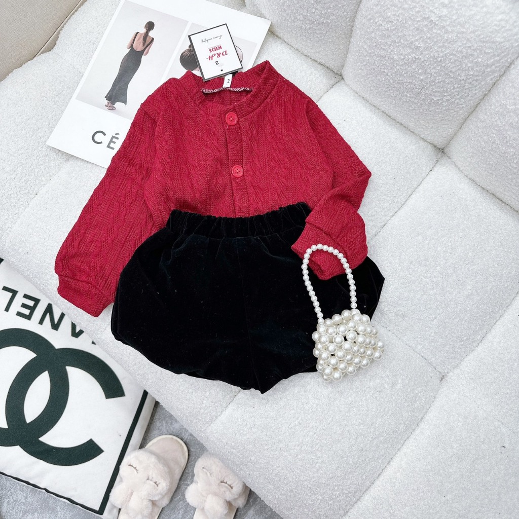 Set quần áo bé gái, Set áo len tăm quần đùi nhung cho bé gái từ 12-20kg BÌNH MINH SHOP