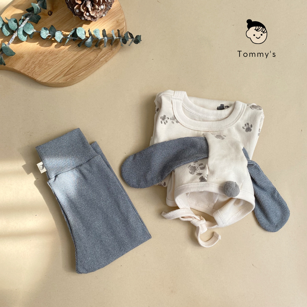 Bodychip kèm quần và mũ cún xám cho bé trai bé gái 0-24 tháng chất liệu cotton xuất Hàn Tommy House