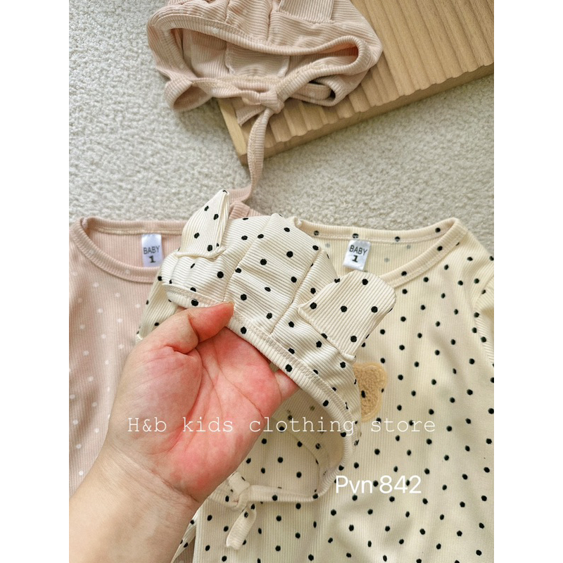 Body Cotton Họa Tiết Chấm Bi Gắn Gấu Xù Dễ Thương Cho Bé Gái