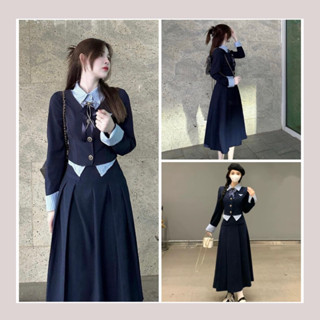  Set áo vest phối phối sơmi kèm nơ cài cổ áo mix cùng chân váy chữ A xếp ly  dáng dài kèm ảnh thật . 