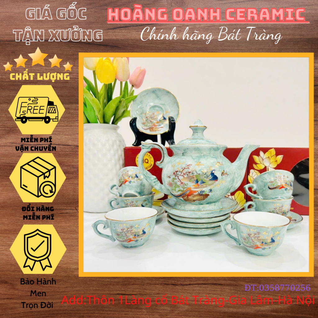 (CHỌN 8 MẪU)Ấm chén pha trà Bát Tràng-men Vân đá trắng-ấm Phú Quý vẽ Sen Vàng,Thuận Buồm Xuôi Gió