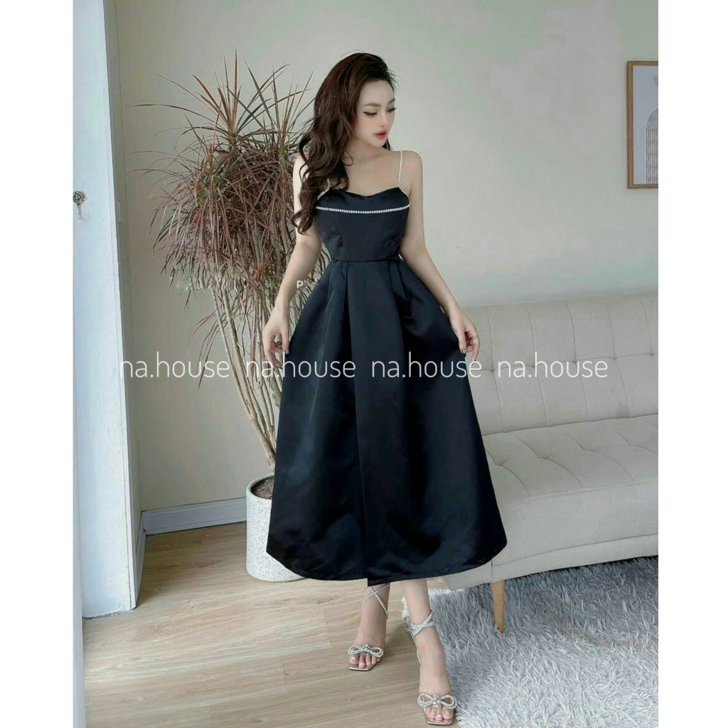 Váy 2 dây đen dự tiệc sang trọng, đầm xẻ tà dáng dài Nahouse váy tafta xòe đi chơi đi sinh nhật thiết kế đẹp và xinh xắn