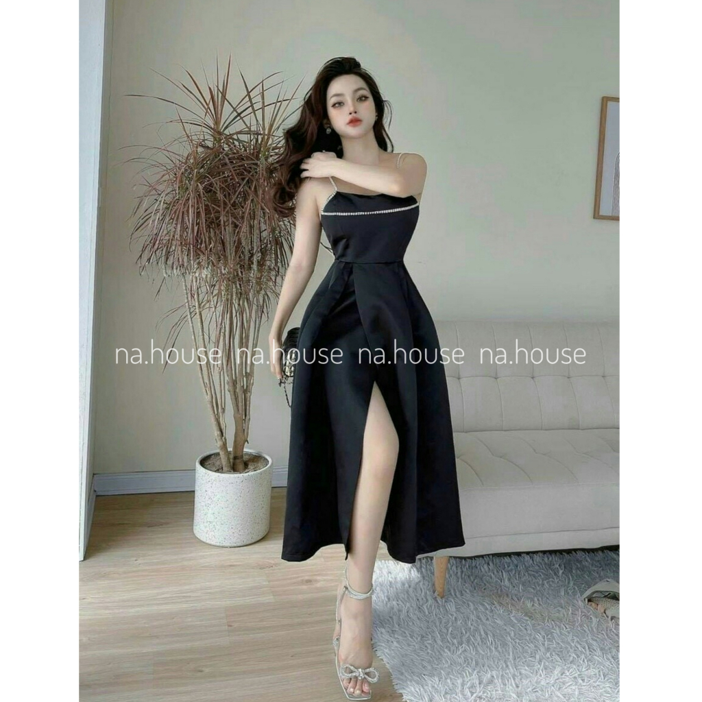 Váy 2 dây đen dự tiệc sang trọng, đầm xẻ tà dáng dài Nahouse váy tafta xòe đi chơi đi sinh nhật thiết kế đẹp và xinh xắn