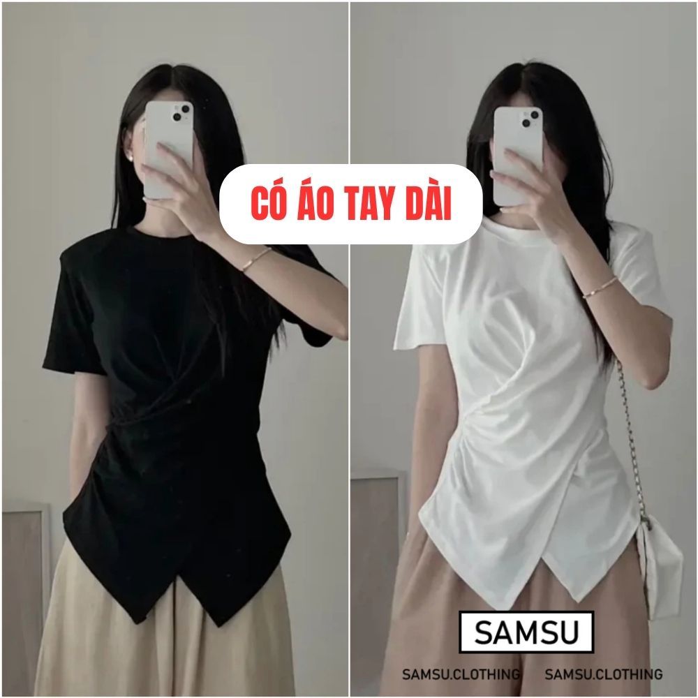 Áo thun xoắn nhúm eo cổ tròn vạt nhọn chéo thun gân dày dặn phong cách Hàn Quốc Samsu.clothing_saigon