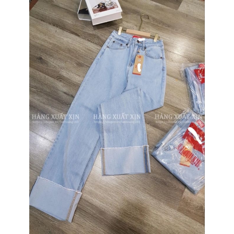 Quần jean suông culottes LE..VIS gập gấu hàng dư xịn vải jean co giãn màu siêu đẹp