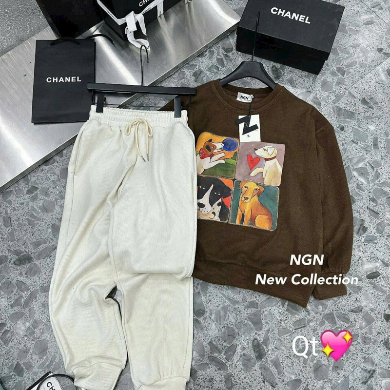 Set áo cún nâu quần be