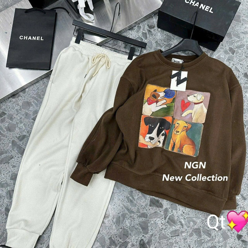 Set áo cún nâu quần be