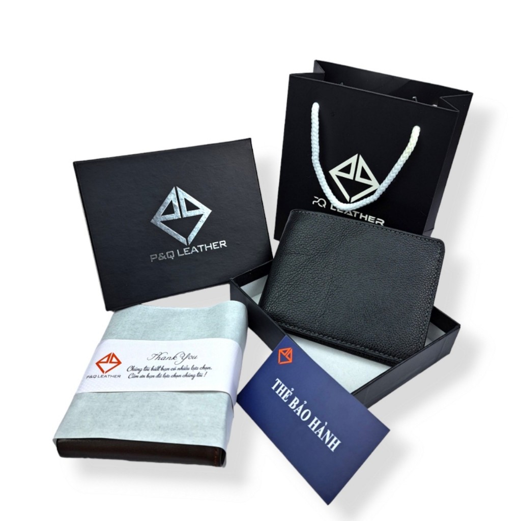 Ví nam da bò miu hạt cao cấp dáng ngang PQ Leather PV10 da thật full hộp làm quà tặng bảo hành 12 tháng