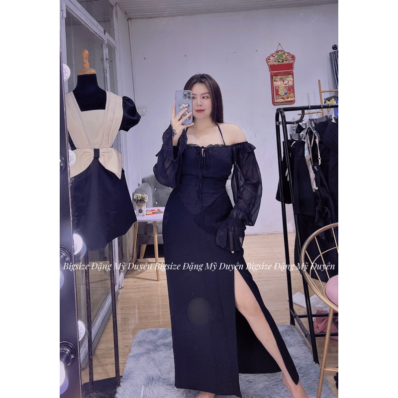 SET CHÂN VÁY DÀI XẺ ÁO TRỄ VAI ẢNH CHỤP THẬT