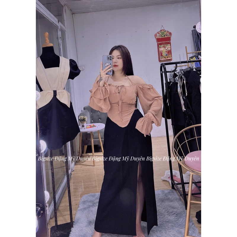 SET CHÂN VÁY DÀI XẺ ÁO TRỄ VAI ẢNH CHỤP THẬT