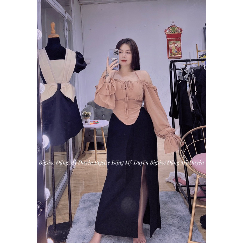 SET CHÂN VÁY DÀI XẺ ÁO TRỄ VAI ẢNH CHỤP THẬT