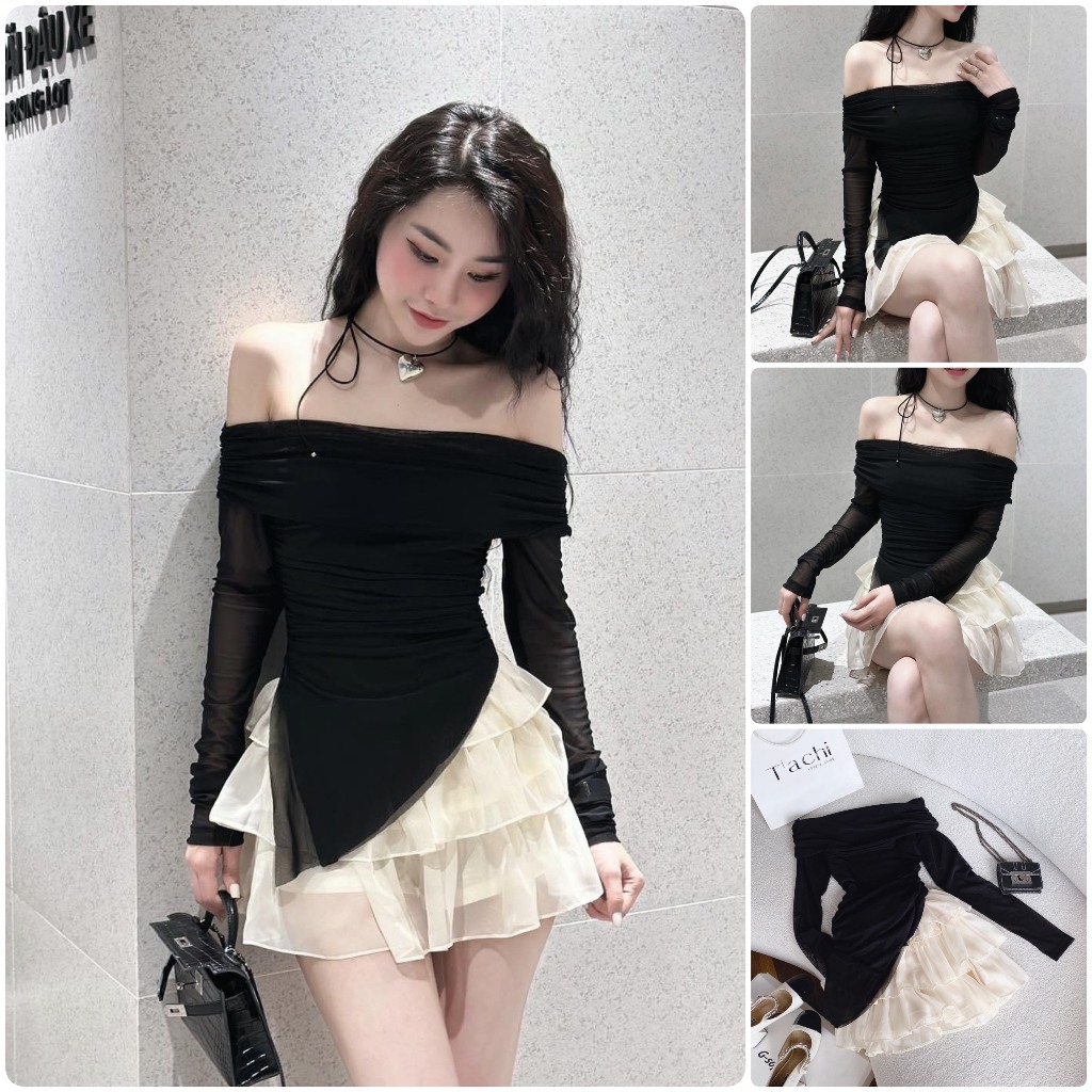 SET ÁO ĐEN TRỄ VAI TAY DÀI TÀ XÉO + CHÂN VÁY TẦNG