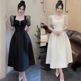 BIGSIZETIX D26 Đầm dự tiệc tiểu thư thiết cúp ngực phối ren lưới đính hoa nút ngọc sang chảnh 50-90kg