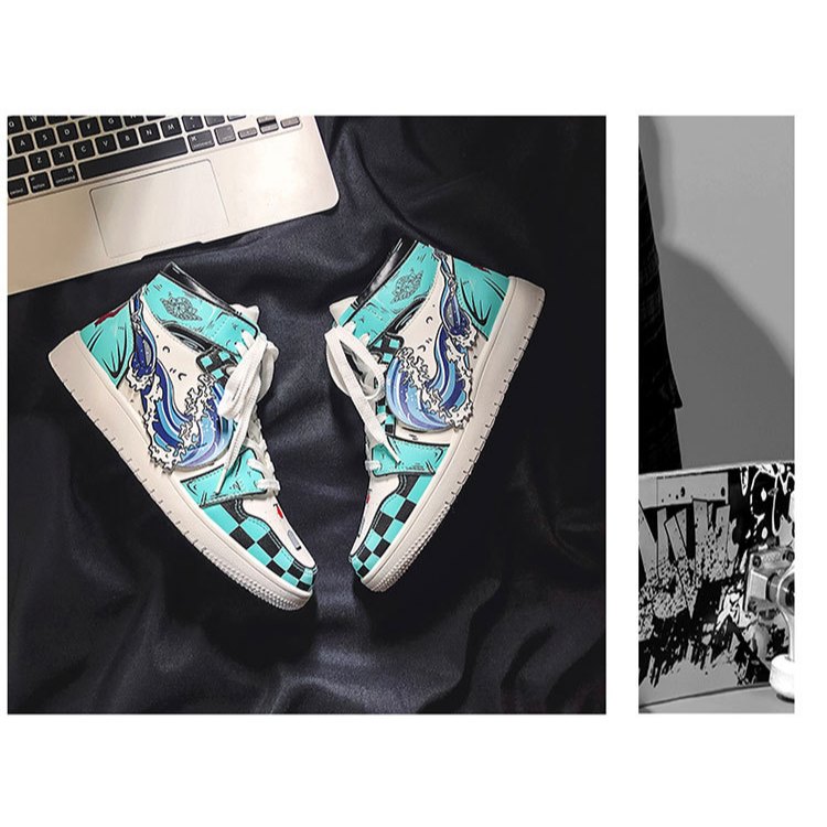Giày Jordan Anime thao cổ cao In Nhiệt Không Phai Xanh Trắng KIMETSU, Giày Sneaker Anime