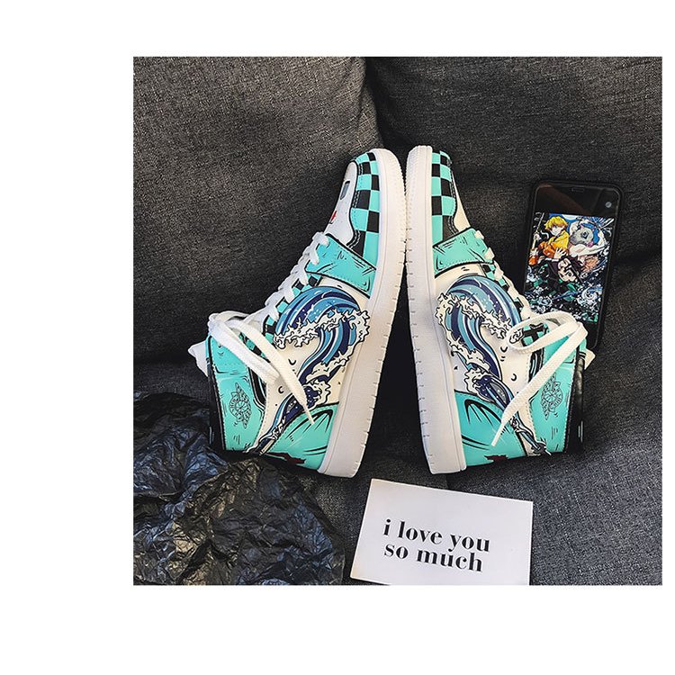 Giày Jordan Anime thao cổ cao In Nhiệt Không Phai Xanh Trắng KIMETSU, Giày Sneaker Anime