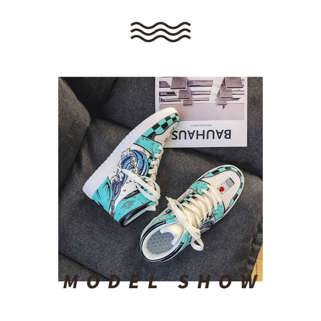 Giày Jordan Anime thao cổ cao In Nhiệt Không Phai Xanh Trắng KIMETSU, Giày Sneaker Anime