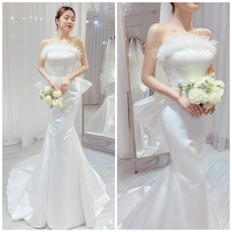 Váy Cưới Cô Dâu Đi Bàn Ôm Body Đuôi Cá Trễ Vai Lông Vũ Phối Nơ Lưng Size S M L V483 AĐ BOUTIQUE