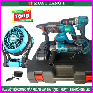 Bộ Combo 3 Máy Khoan Đục Bê Tông, Máy Mài Góc, Máy Khoan 13ly Từ Động Cơ Không Chổi Than Kèm 2 Pin 15cell Siêu Trâu