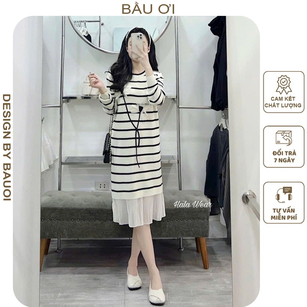 ĐẦM VÁY BẦU THU ĐÔNG DÀI TAY DÁNG SUÔNG PHỐI HOA NỔI ĐIỆU ĐÀ - ĐẦM BẦU CÔNG SỞ THỜI TRANG HÀN QUỐC FREESIZE