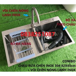 Chậu Rửa Bát 8245 Hai Hố inox sus 304 (Tặng Kèm Vòi Rửa Bát Nóng Lạnh Inox Sus 304)