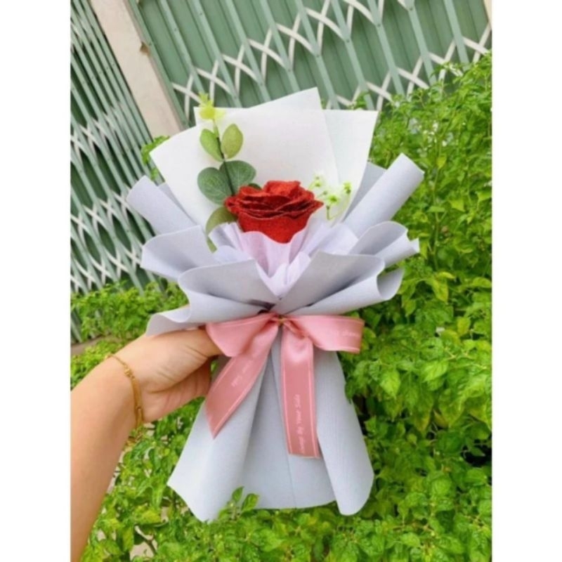 Hoa hồng nhũ Kim tuyến 1 bông kèm túi
